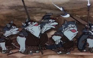 A still image of goblin infantry from Rankin and Bass', The Hobbit, cartoon.
