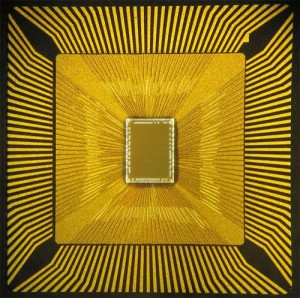 A photo of a neurosynaptic silicon chip,   Courtesy IBM