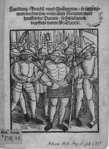 Woodcut engraving of medeival peasant soldiers