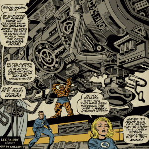An animated image of Jack Kirby's art,   Stan Lee's dialog and Sinnott's colors.