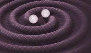 A schematic of how gravitational waves would propagate from two orbiting stars.