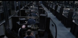 A still from the Virgin Films movie, 1984, showing the cubicles of the Ministry of Truth