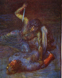 A painting of Grendel's Mother attempting to stab Beowulf, by J.R. Skelton 