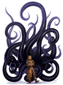 An illustration of a rather short sorceror standing smugly before his summoned black tentacles