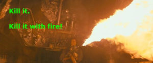 A screenshot from the movie Alien, where Ellen Ripley incinerates Captain Dallas.