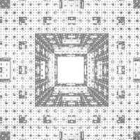 An animated GIF depicting a recursive fly though smaller and smaller cells of a Menger Sponge