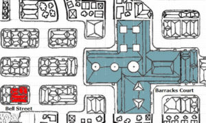 A map section of Waylon's waterfront. Highlighted in blue is RPA Headquarters. Highlighted in red is Maceo's nightclub and public house.