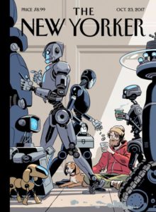 A recnet cover of New Yorker Magazine. It depicts a homeless young man in the midst of commuting robots.